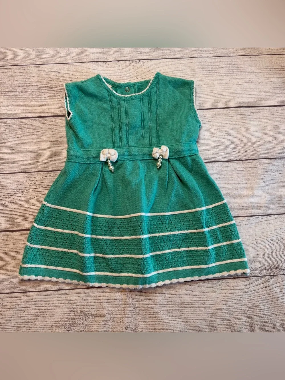 Girls' Emerald Knit Dress with Ivory Trim and Bow Accents